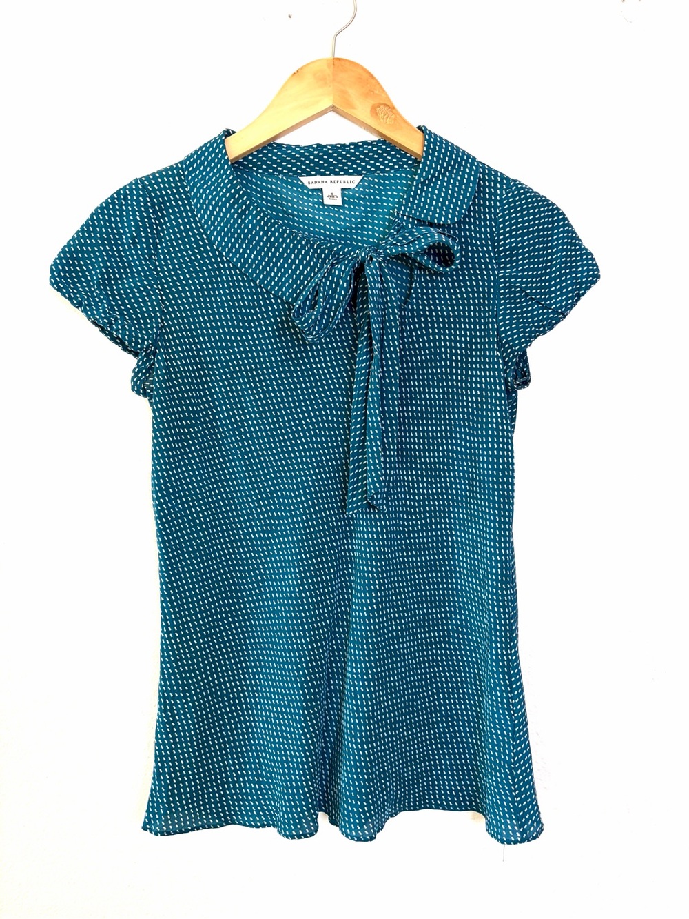 Y2K 100% silk babydoll coquette Peter Pan collar Teal Dot Tie-Neck Blouse S BR